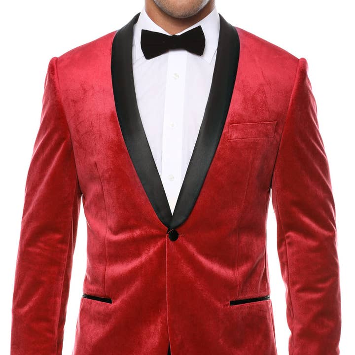 Blazer de esmoquin de terciopelo ajustado rojo Enzo con solapa tipo chal para venta al por mayor de Ferrecci