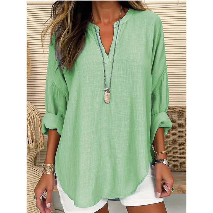 NINEXIS - Wholesale Tunic - Women's - CWTBLL0260_Blouse Linen Long Sleeve Casual V Neck Top
