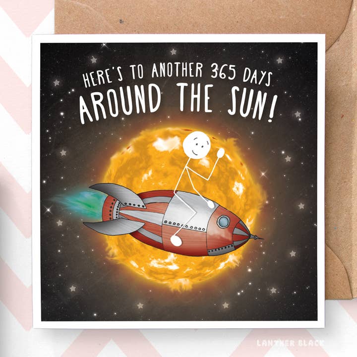 'Around the Sun' Fun Space Rocket Birthday Greeting Card for wholesale by Lanther Black