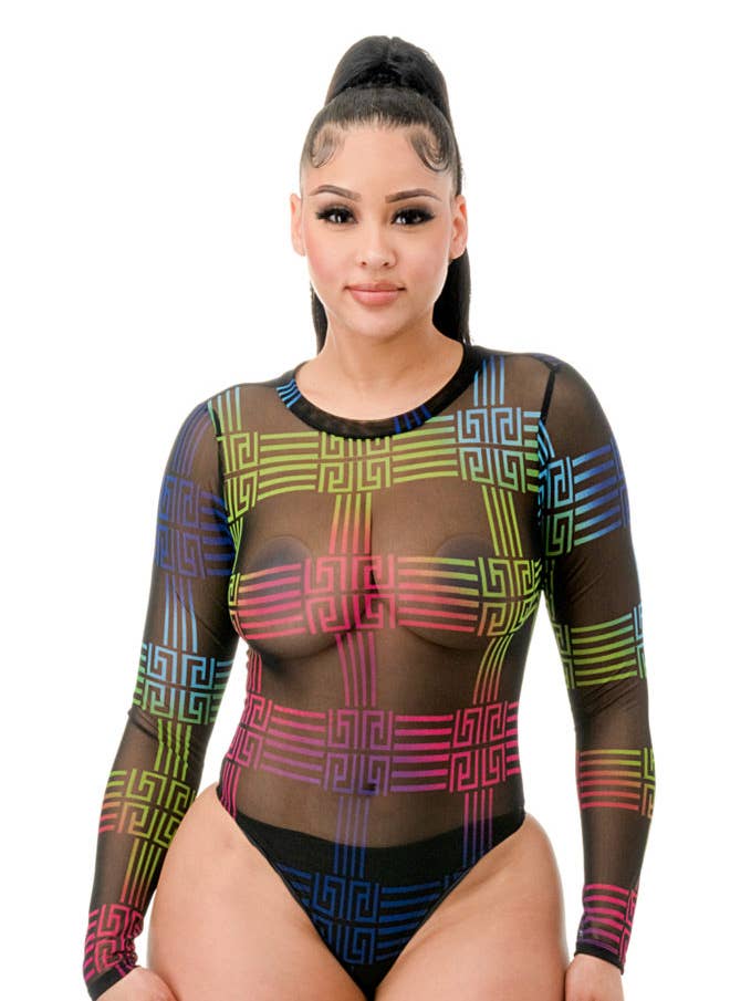 R5639-ROUND NECK MESH PRINTED BODYSUIT for wholesale by A3 Design USA