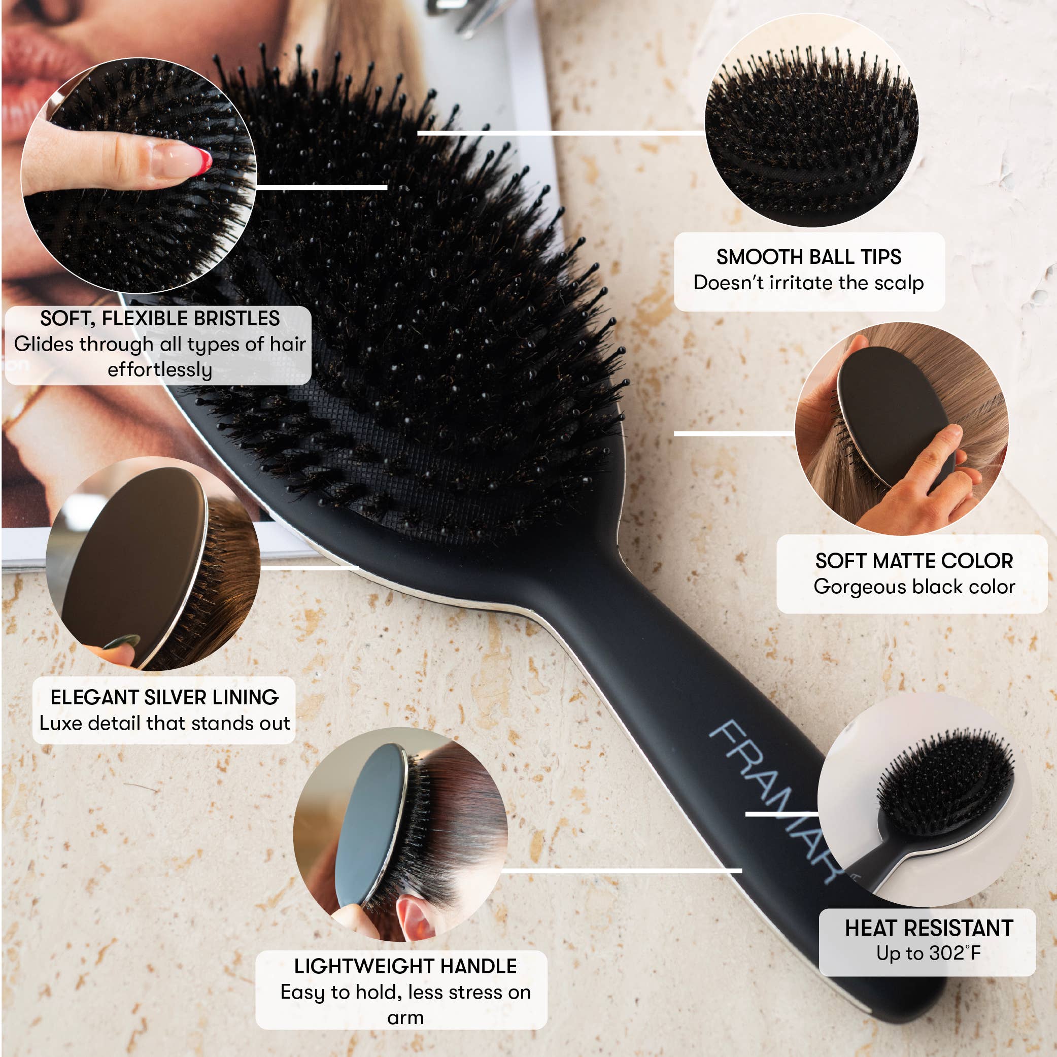Framar Hair Brushes & Hair Accessories - Wholesale Hair Brush/Comb - FRAMAR Boar Bristle Hair Brush, Boar Brush For Hair - Black5