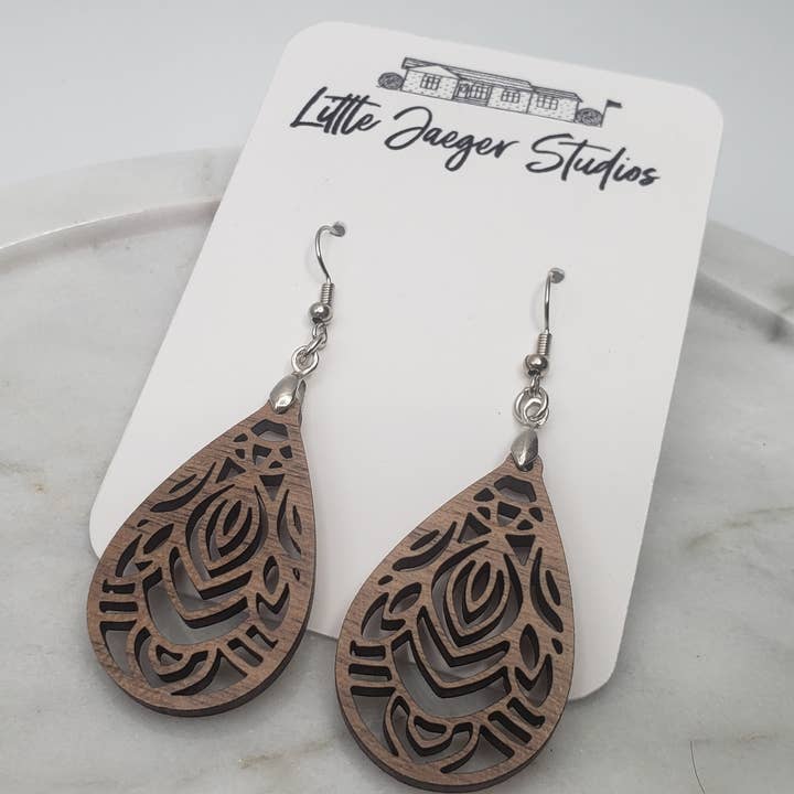 Little Jaeger Studios - Wholesale Dangle Earrings - Handmade Laser Cut Walnut Scroll Earrings