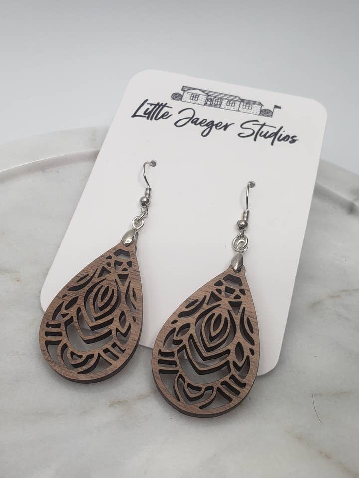 Handmade Laser Cut Walnut Scroll Earrings for wholesale by Little Jaeger Studios
