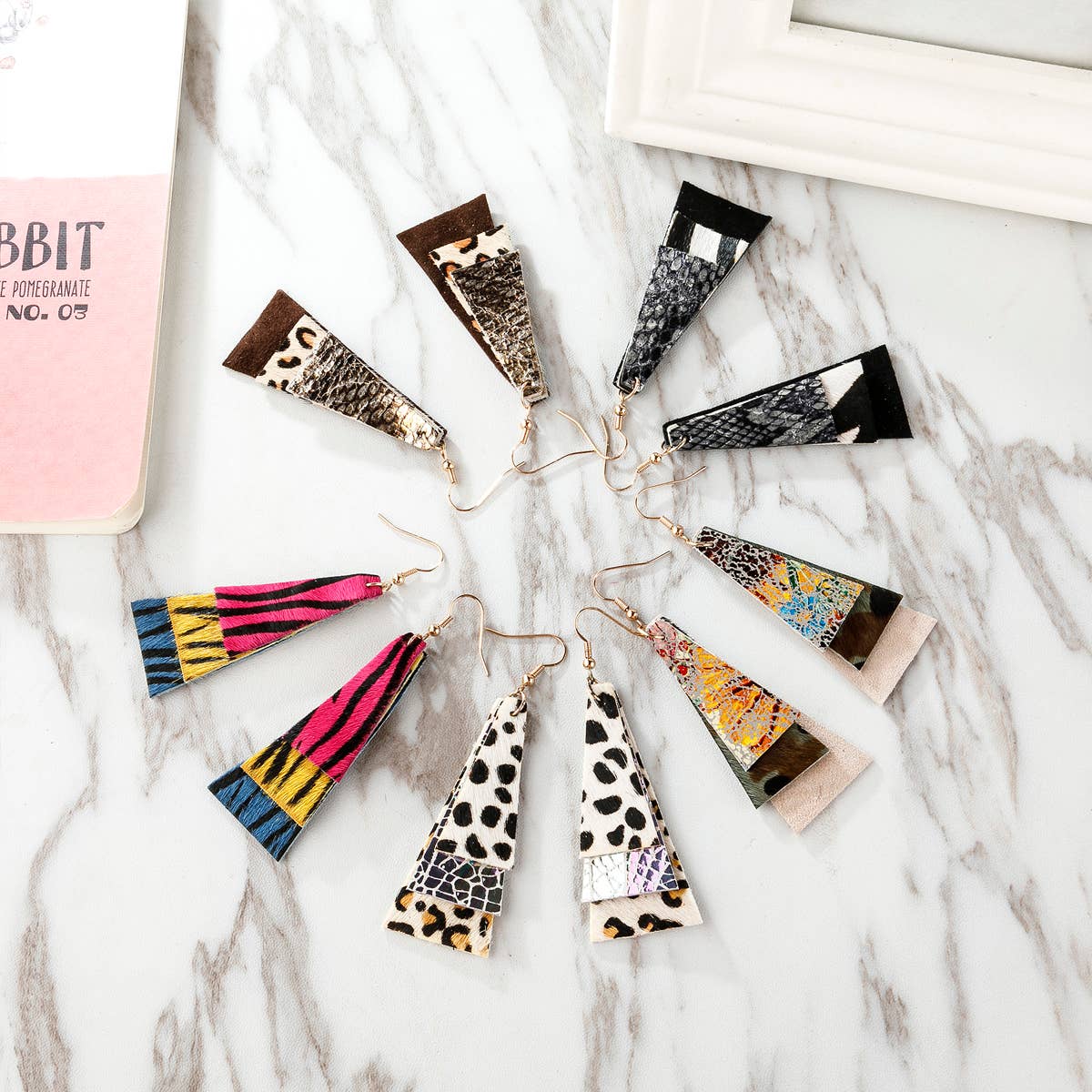 MYS Wholesale Inc - Wholesale Dangle Earrings - Animal Print Layered Leather Trapezoid Hook Earrings0