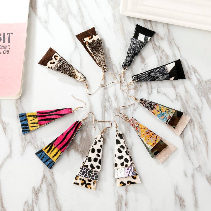 MYS Wholesale Inc - Wholesale Dangle Earrings - Animal Print Layered Leather Trapezoid Hook Earrings0