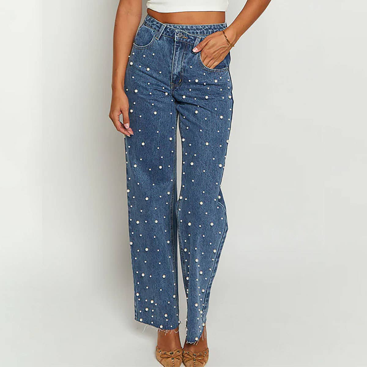BLUE Crossbody retro beaded straight-leg denim trousers for wholesale on Faire0