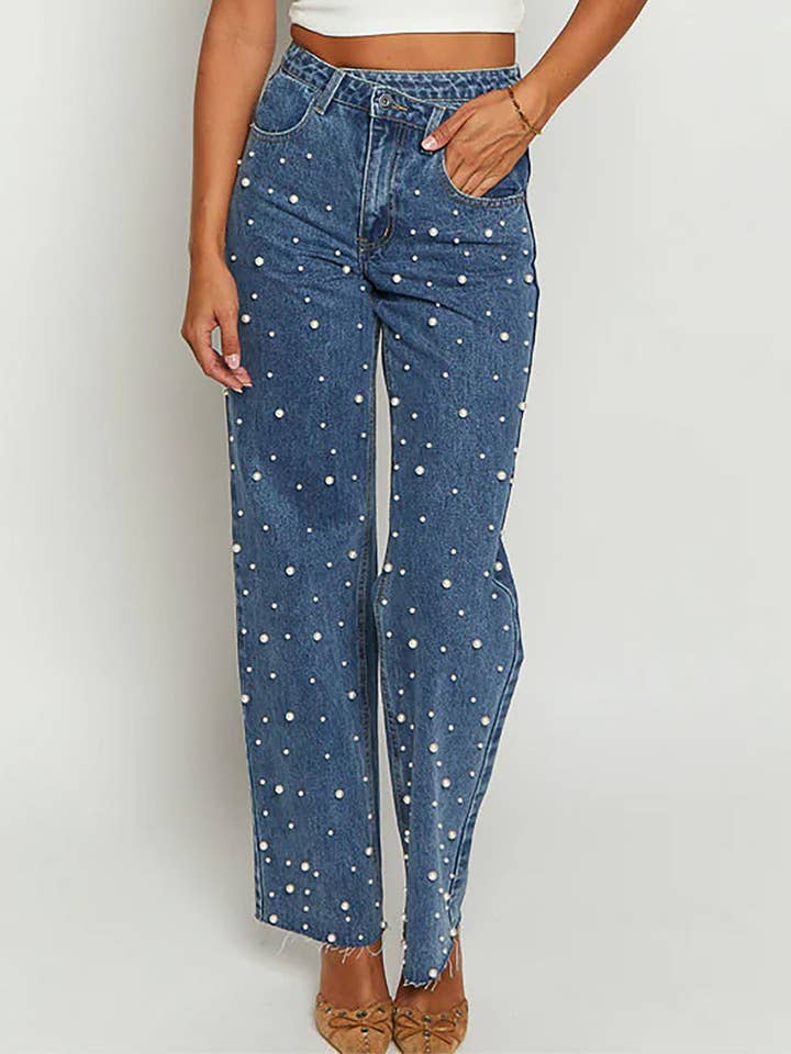 BLUE Crossbody retro beaded straight-leg denim trousers for wholesale on Faire