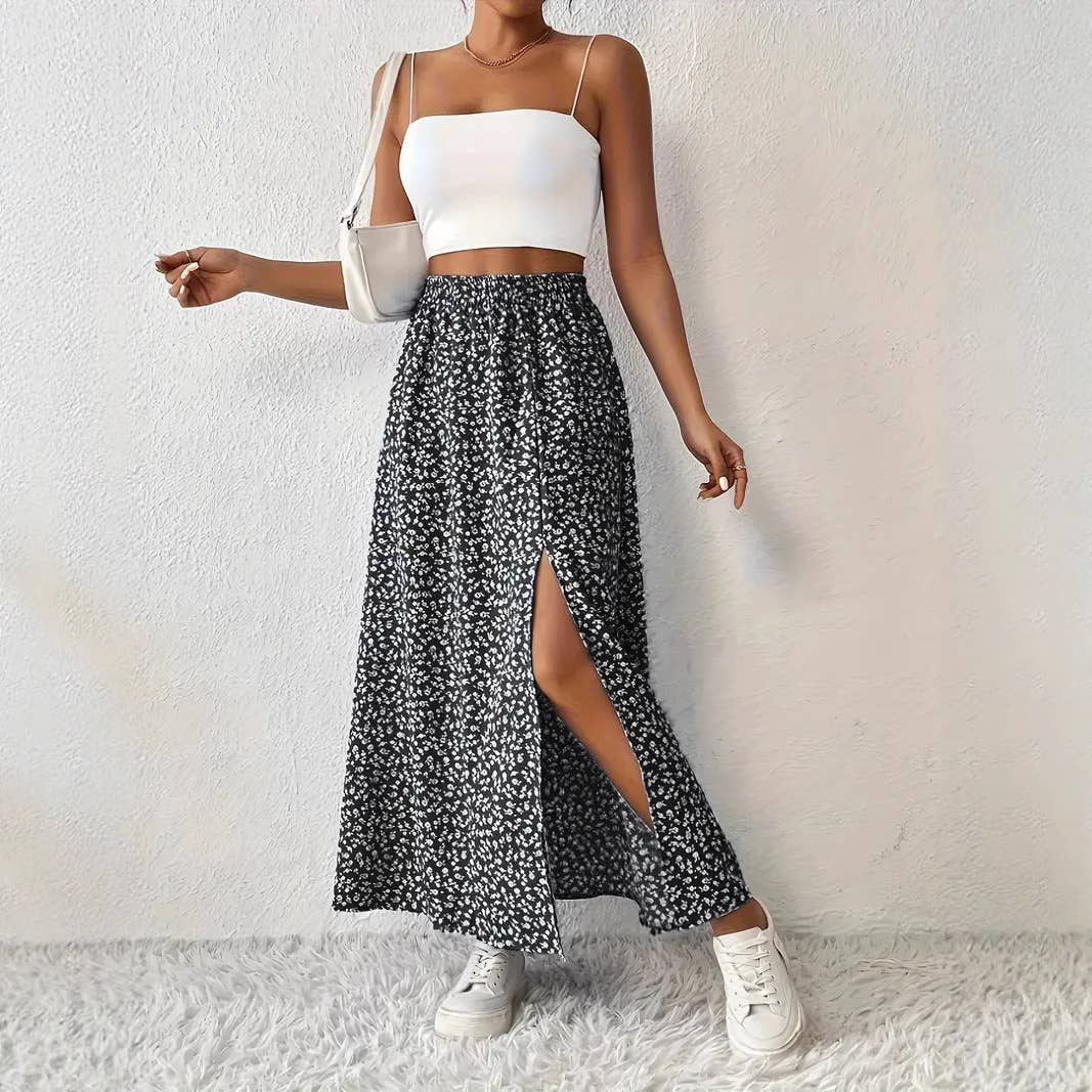 Rosa Clothing - Wholesale Skirt - Women's - Floral Slit A-Line Hip-Wrap Mid-Waist Maxi Skirt1