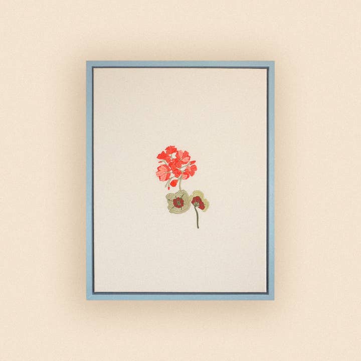 Geranium framed embroidered art canvas for wholesale by Lappliq'