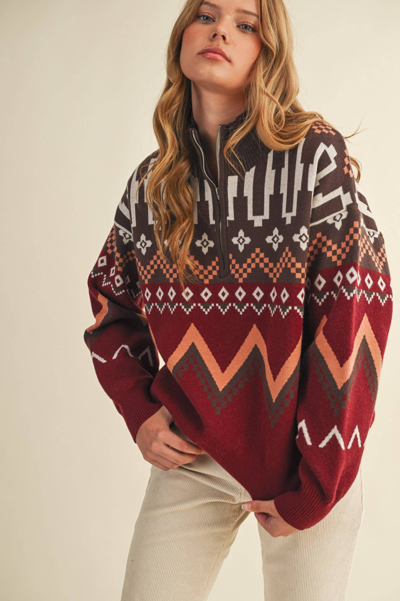 Burgundy Multi GEOMETRIC KNIT MOCK NECK HALF ZIP PULLOVER SWEATER MSW10885 for wholesale on Faire0