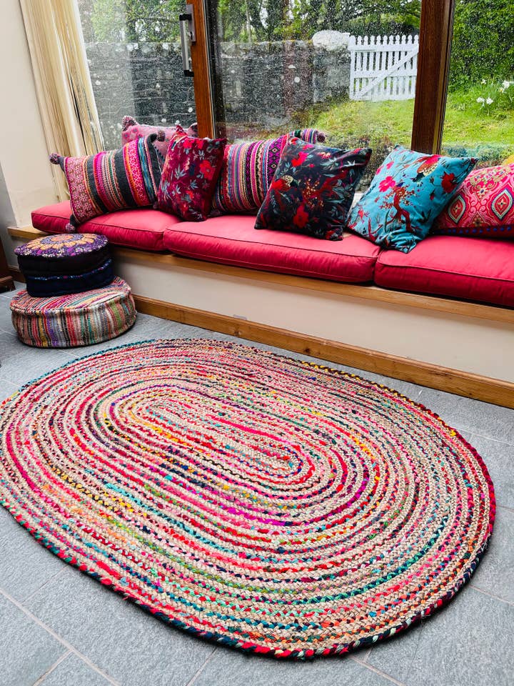 MISHRAN Oval Rug Jute Braid Hand Woven with Recycled Fabric for wholesale by Second Nature Online