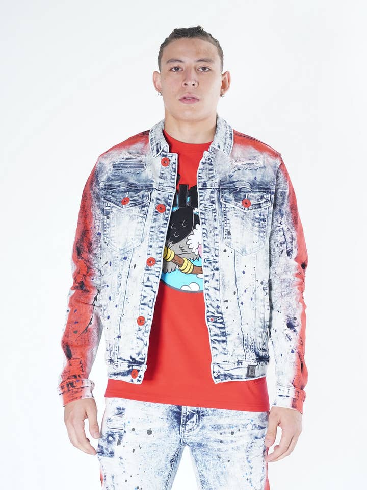 M1038 Makobi Paint Stroke Shredded Jacket - Light Wash for wholesale by Makobi