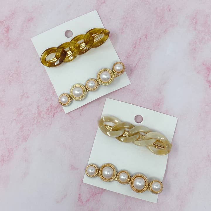 Ellison+Young - Wholesale Hair Accessories Set - Women's - Marble Chain And Pearl Hair Clip Set10