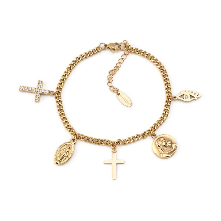 Bracciale in acciaio inossidabile dorato con ciondoli religiosi regolabile per la vendita all'ingrosso da parte di Shebiju