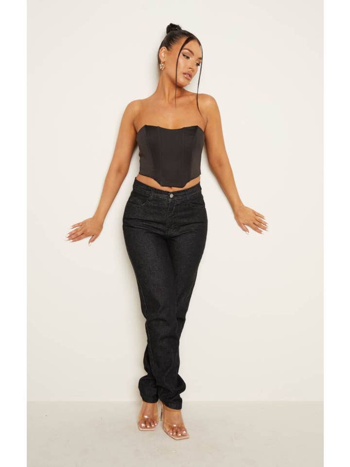 Femme Luxe - Wholesale Jeans - Women's - Black High Waisted Button Up Straight Leg Denim Jeans2