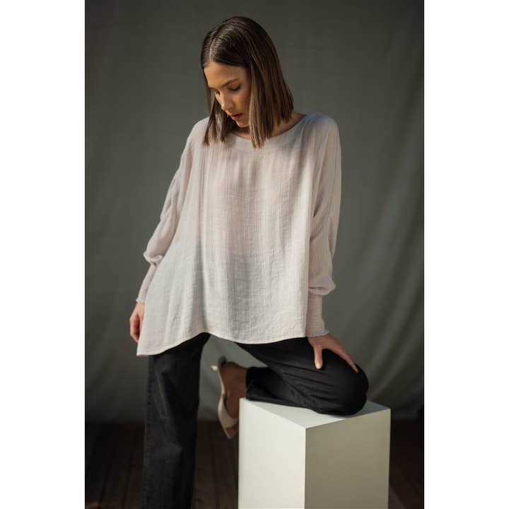 BOAT NECK OVERSIZE TOP WITH SMOCKED CUFF SLEEVE for wholesale by FUN2FUN