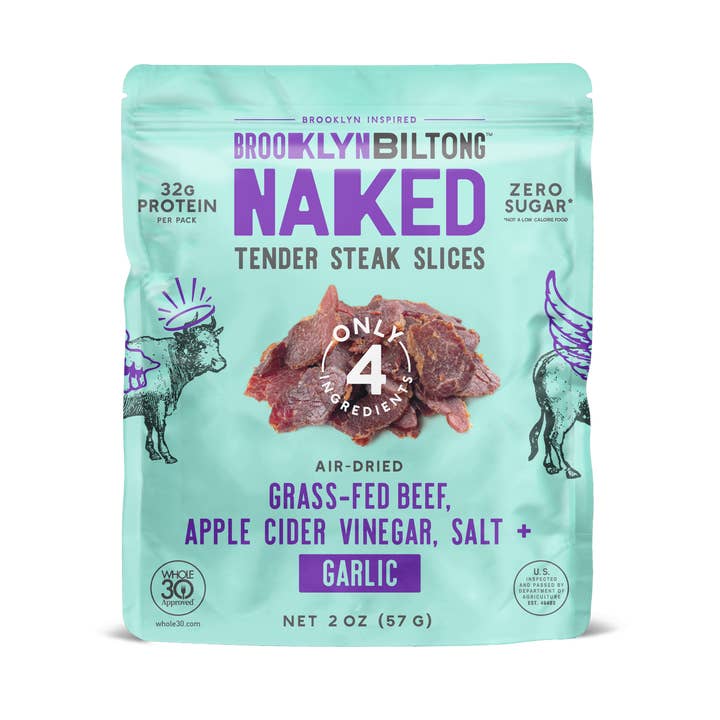 2oz Grass Fed Biltong Naked Tender Steak Slices Garlic for wholesale by Brooklyn Biltong