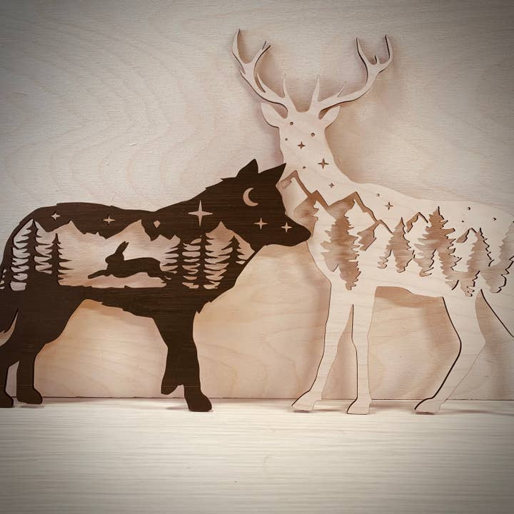 Ian and Grace Laser studio – Arte de parede dimensional/3D por atacado – Alce cortado a laser com árvores2