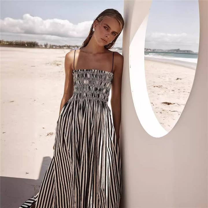BLACK Striped Cami Maxi Dress With Pockets for wholesale on Faire
