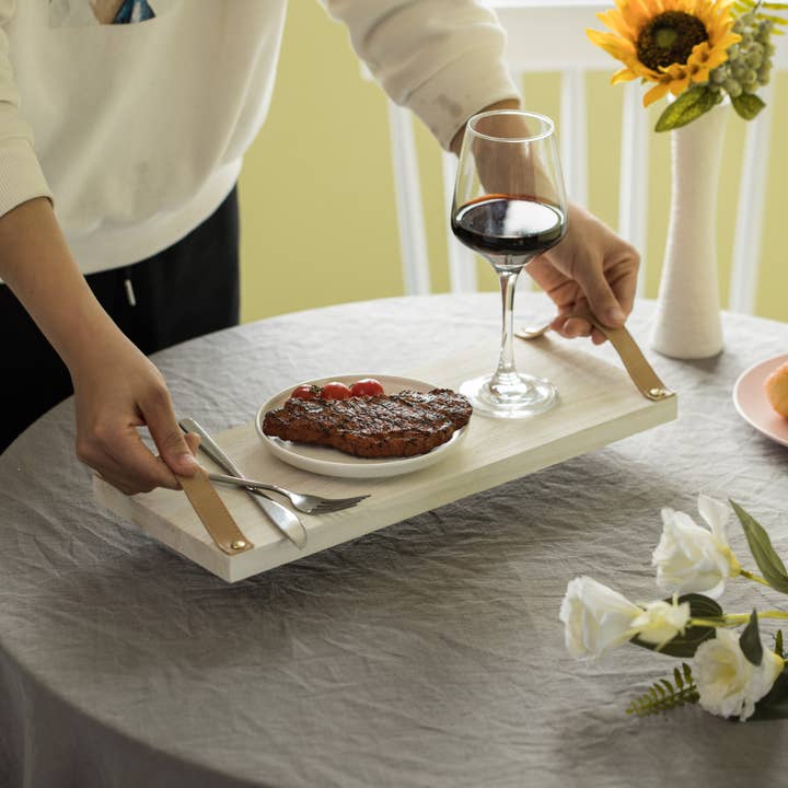 Quickway Imports - Wholesale Serving Tray - Wooden Rectangular Tray Serving Board with Leather Handles2