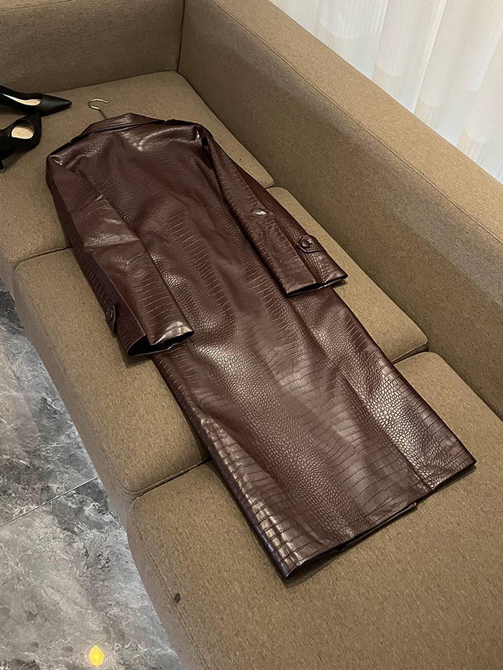 Color as pictures SY391 Crocodile Pattern PU Leather Long Lace-Up Coat for wholesale on Faire
