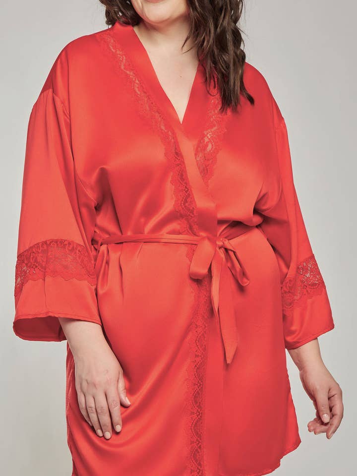 Miaya Plus Size Red Belted Robe Trimmed in Lace for wholesale by iCollection