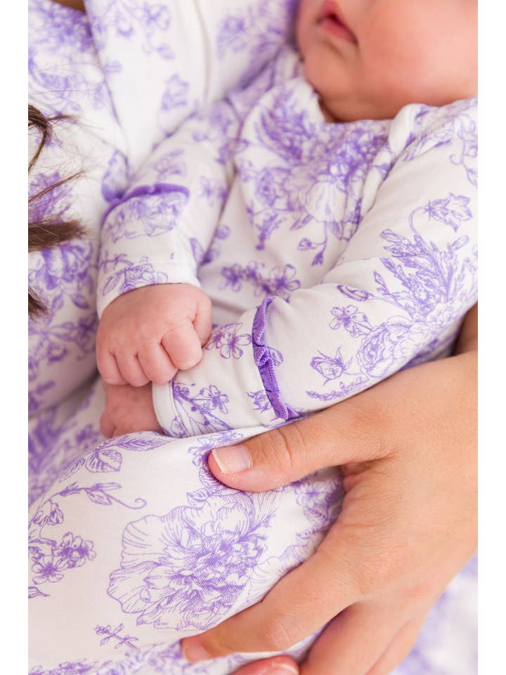 Baby Girls Wisteria Purple Butterfly Garden Toile Bamboo Viscose Knotted Ruffle Gown & Hat Set
for wholesale on Faire