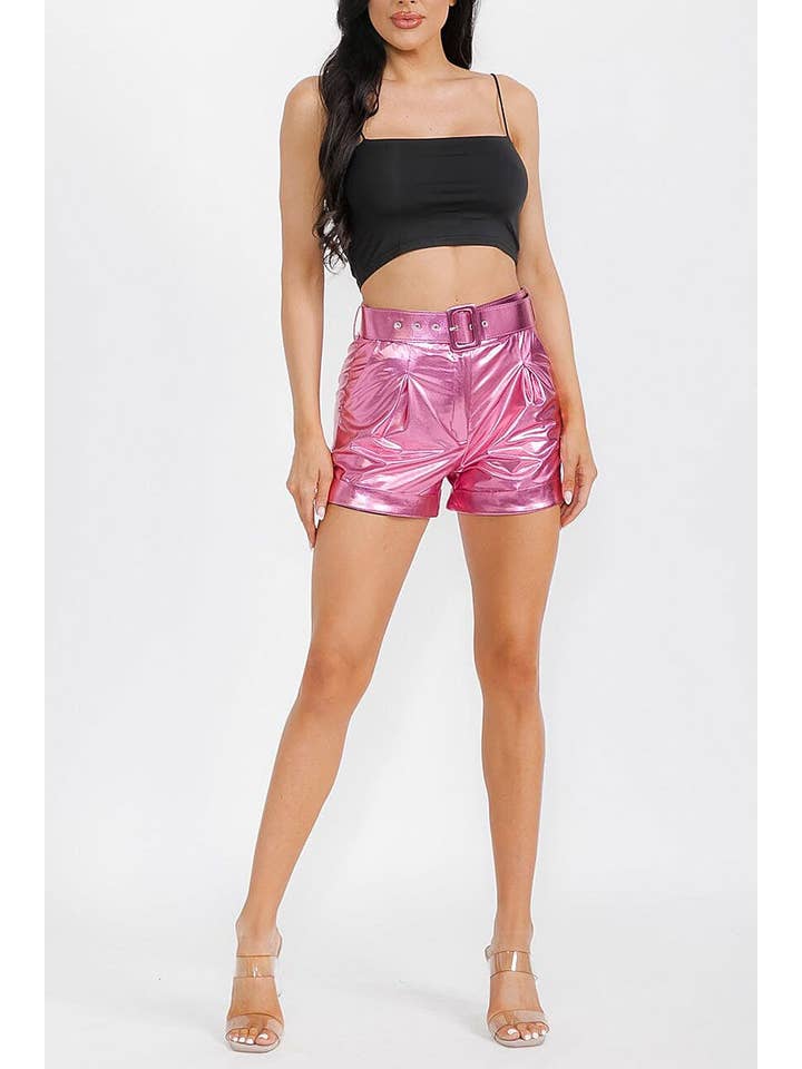 ROUSSEAU - Wholesale Shorts - Women's - BUTTON CLOSURE BELTED FRONT POCKETS METALLIC SHORT9