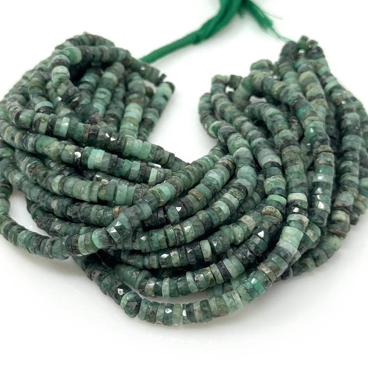 16" Natural Emerald Gemstone Beads, Faceted Emerald Heishi Tyre Beads, May Birthstone Jewelry Supplies, 5.5mm - 6mm for wholesale by Akstar Gems