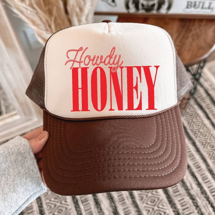 Howdy Honey DTF Printed Brown & Tan Trucker Hat for wholesale by Southern Attitude Designs Inc
