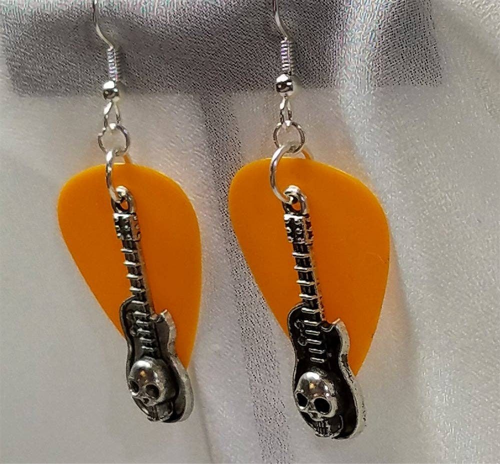 Simply Raevyn - Wholesale Dangle Earrings - Guitar with Skull Charms Guitar Pick Earrings0