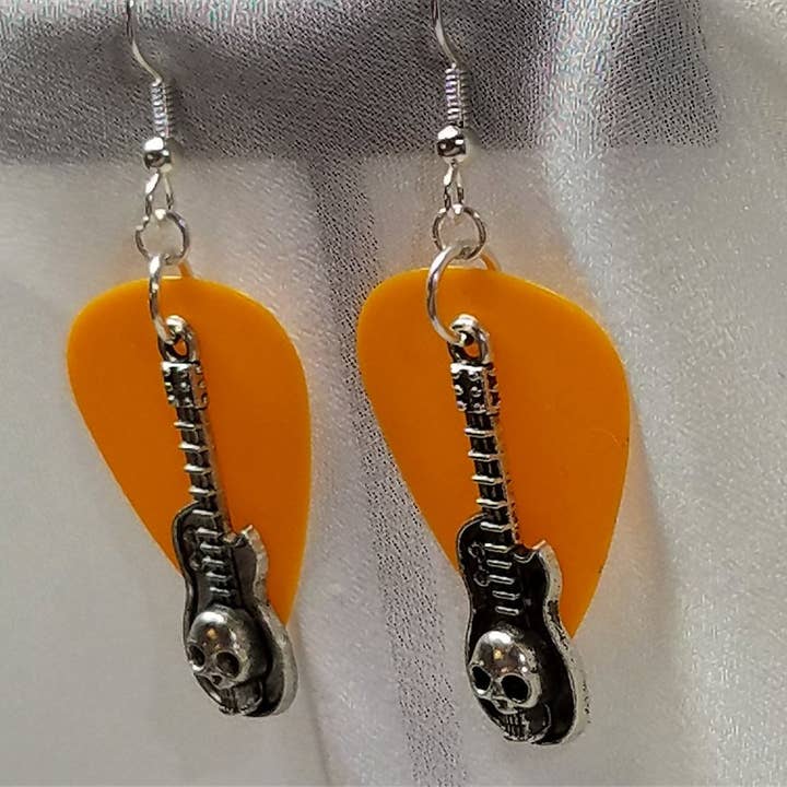 Simply Raevyn - Wholesale Dangle Earrings - Guitar with Skull Charms Guitar Pick Earrings