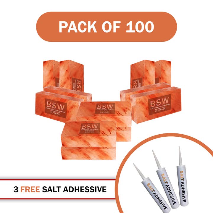 Himalayan Salt Bricks 8" x 4" x 2" - Pack of 100 with 3 free Salt Adhesive for wholesale by Build Salt Wall