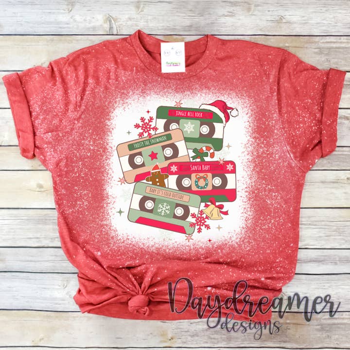 Christmas Cassettes Bleached Tee for wholesale by Daydreamer Designs