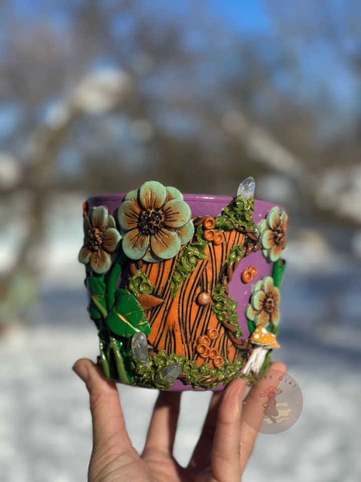 Plant Pot | Orange Moon Door Fairy House with Sage Flowers + Quartz for wholesale by Making Olás
