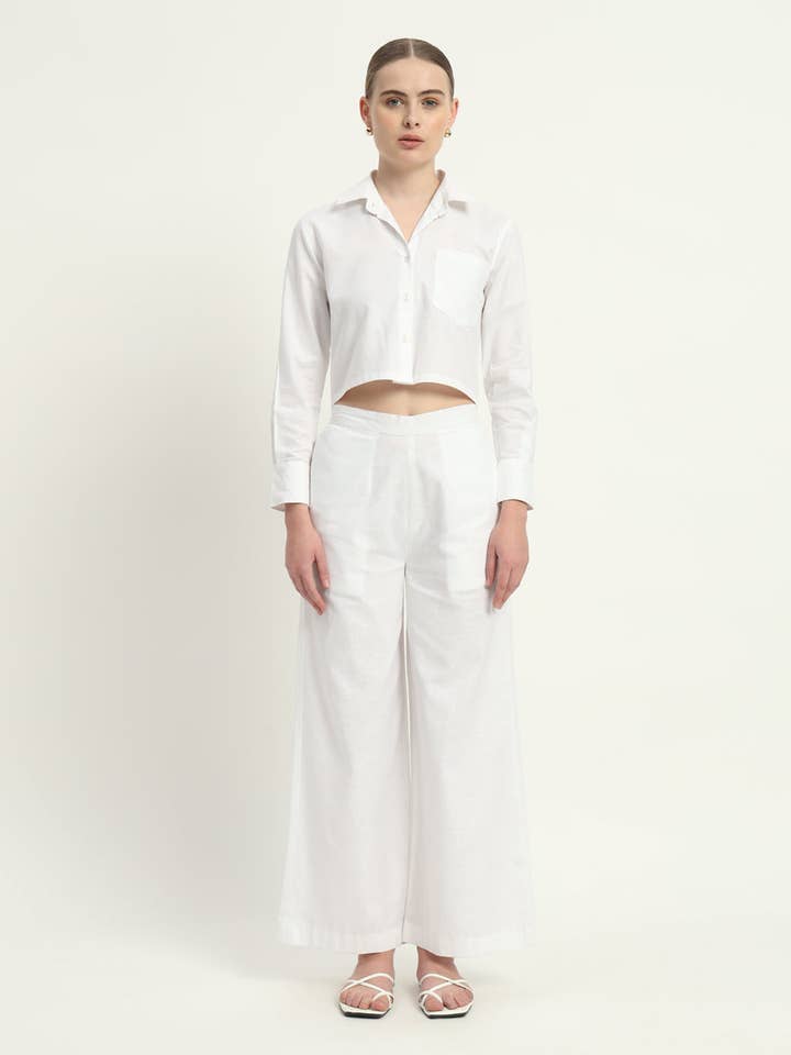 Pants Matching Set-White Crop Shirt Linen for wholesale by Thevasa
