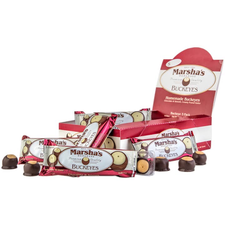 Marsha's Buckeyes - Wholesale Chocolate Covered Sweets - Case of 18, Buckeye Sweets, 3-Pack Bars
