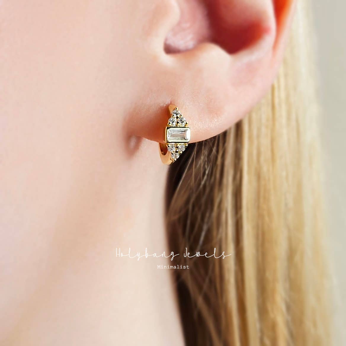 HolyBang Jewels - Wholesale Huggie Earrings - BAGUETTE BEZEL HUGGIE EARRINGS - E-HT19395