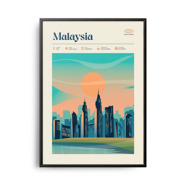 Poster di viaggio retrò della Malesia in stile moderno di metà secolo per la vendita all'ingrosso da parte di Weekend Concept