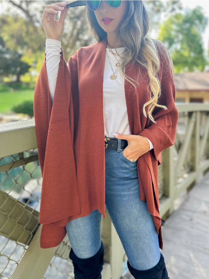 Rust Solid Knit Ruana Shawl with Shoulder Strap for wholesale on Faire5