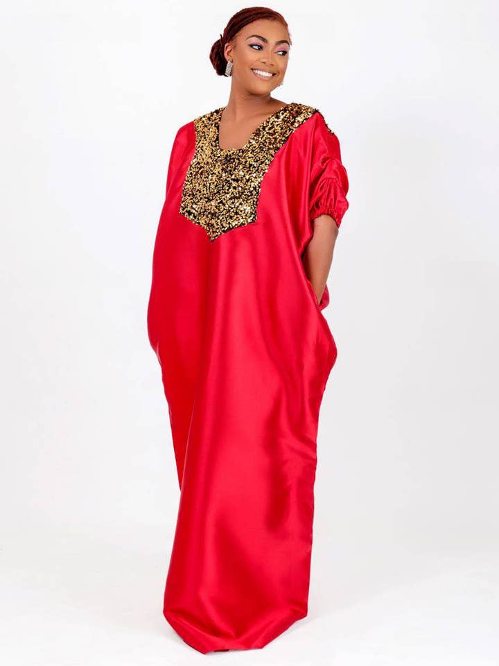 Buga Boubou (Red)- African Maxi Dress With Silk Fabric for wholesale by Bibiré