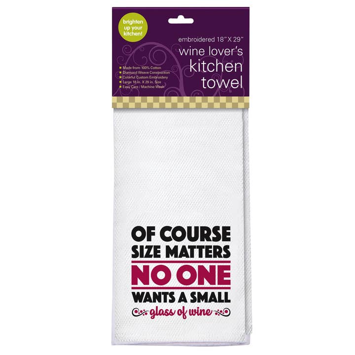 Size Matters Embroidered Kitchen Towel for wholesale by Chris’s Stuff Inc.