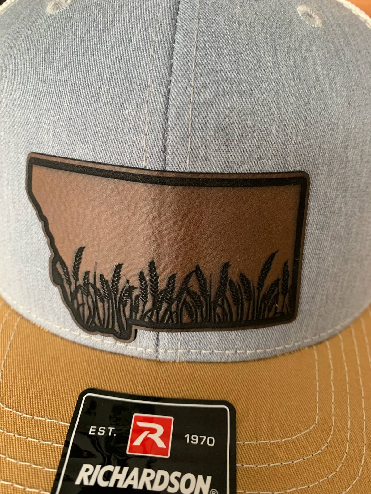 MT ENGRAVED - Wholesale Trucker Hat - Unisex - Montana Wheat Leather laser Engraved Hat1