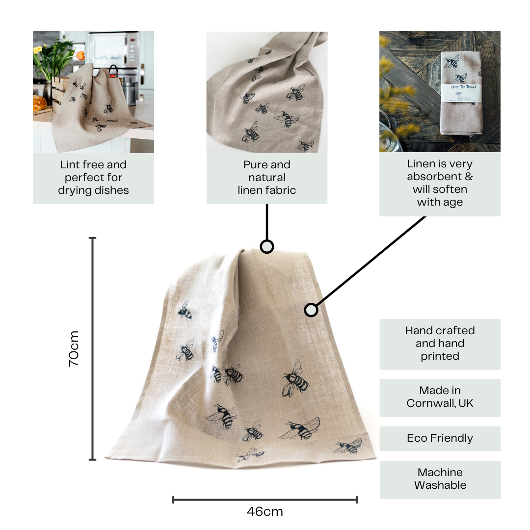 Helen Round - hand printed linen (US Duties Paid) - Wholesale Tea Towel - Linen Tea Towel Hand Printed Bee Design - Kitchen Towel2