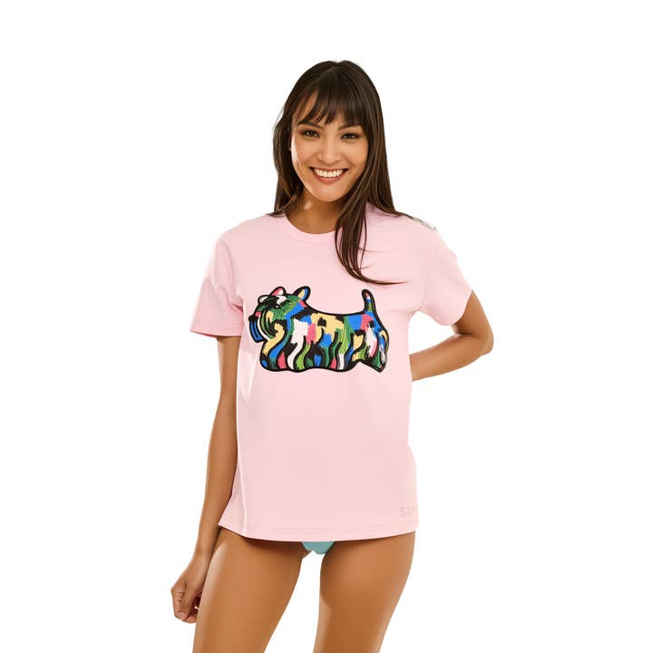 T-shirt en coton imprimé et brodé Doggy pour la vente par SAHI LONDON LTD