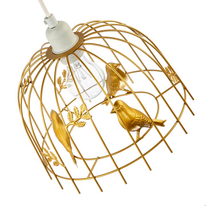 Happy Homewares – wholesale Chandelier/hanging light – Chic Birdcage Pendant Shade in Satin Gold Metal with Birds and Leaves2