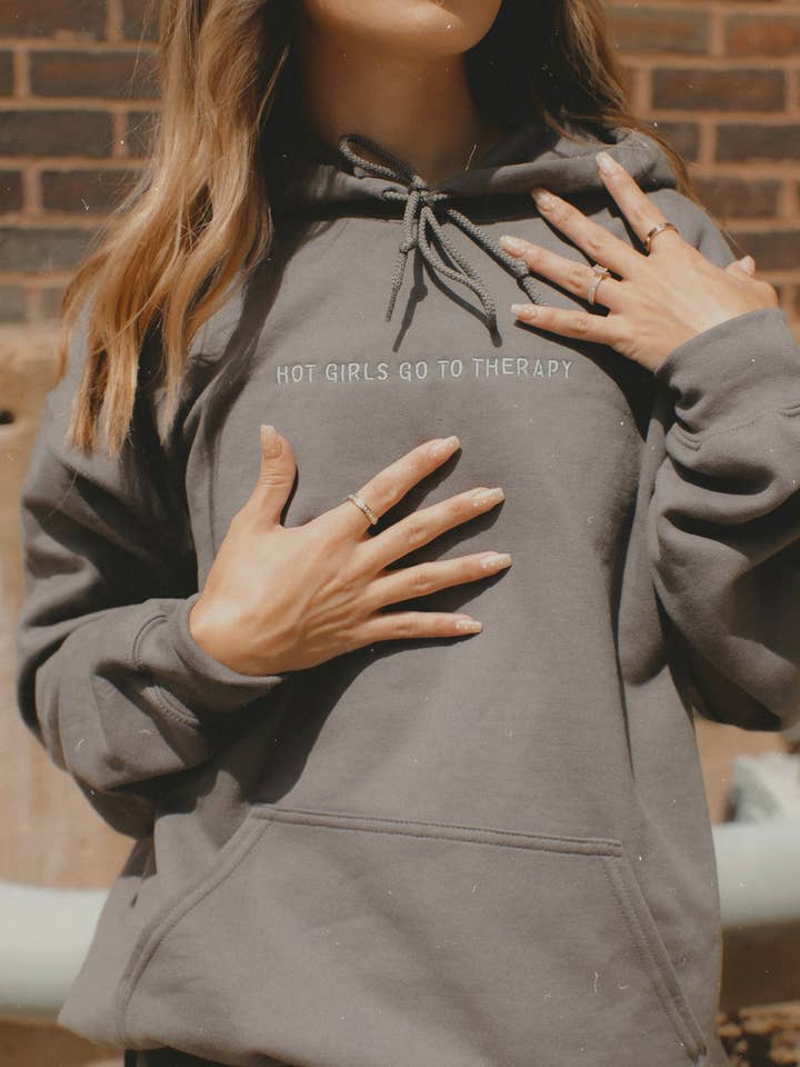 Hot Girls Go To Therapy Embroidered Hoodie for wholesale by Maneki