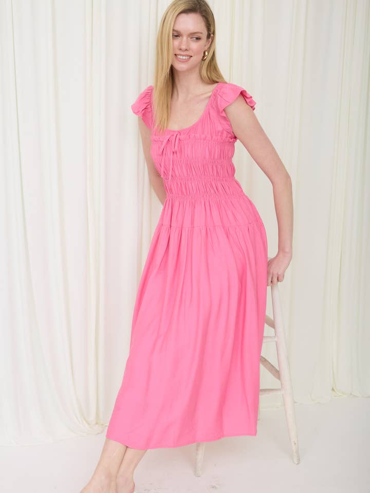 VESTIDO MIDI COM CORPO DRAPEADO E MANGA COM FOLHO (PRÉ-ENCOMENDA) por atacado de Blu Pepper