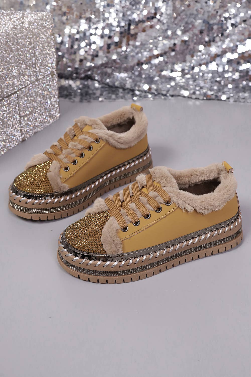 As shown Rhinestone Decor Faux Fur Lining Lace-Up Flat Shoes | US6-10 for wholesale on Faire5