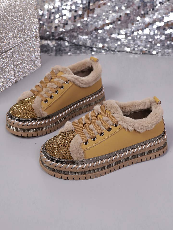 As shown Rhinestone Decor Faux Fur Lining Lace-Up Flat Shoes | US6-10 for wholesale on Faire5